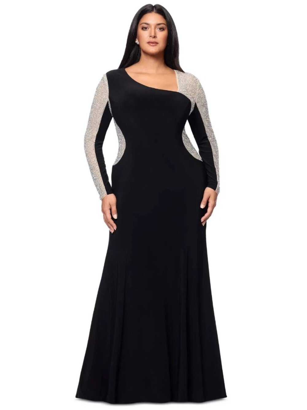 Xscape Black Nude Silver Crystal Asymmetrical Mesh Sleeve Gown